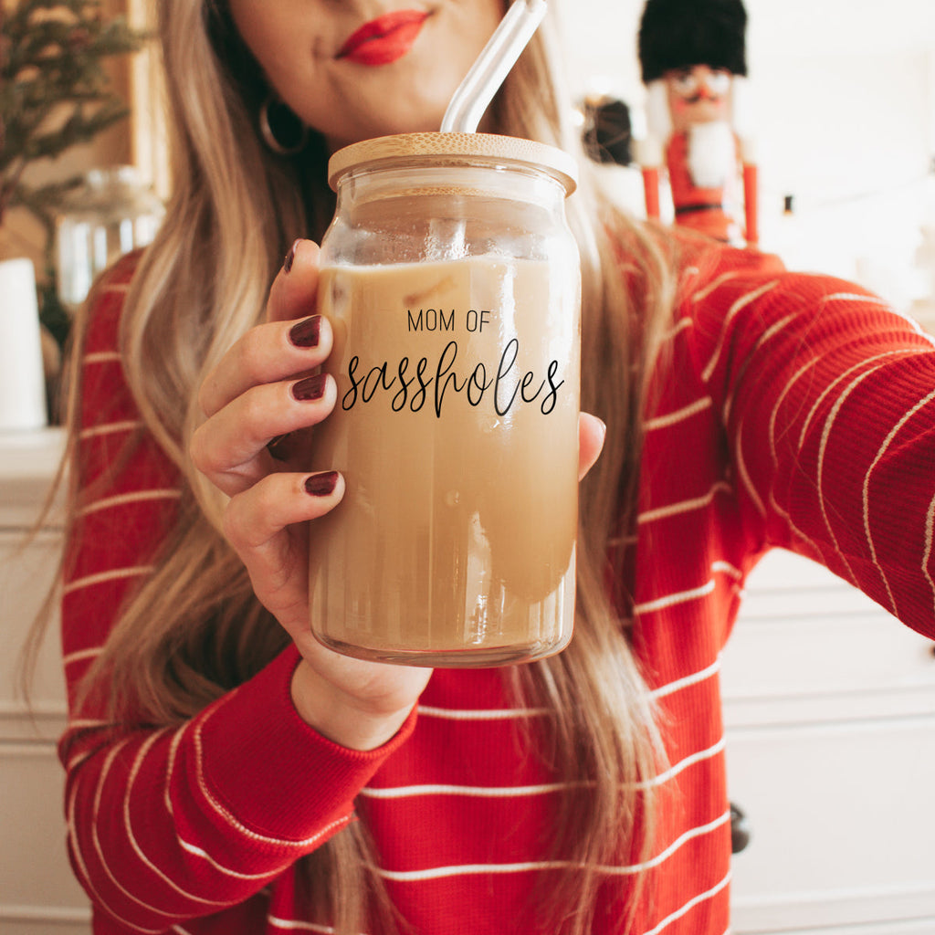 Funny Mom 17oz Glass Tumbler With Bamboo Lid, 2 Stainless Straws and Cleaner BandsCo Straps