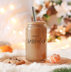 Funny Mom 17oz Glass Tumbler With Bamboo Lid, 2 Stainless Straws and Cleaner BandsCo Straps