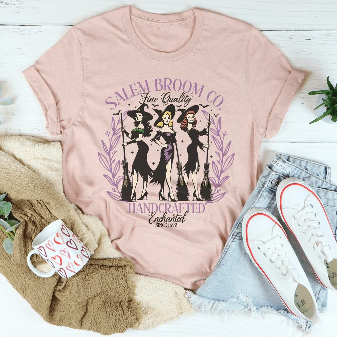 Salem Broom Co Fine Quality Handcrafted Enchanted Since 1692 Tee Peachy Sunday