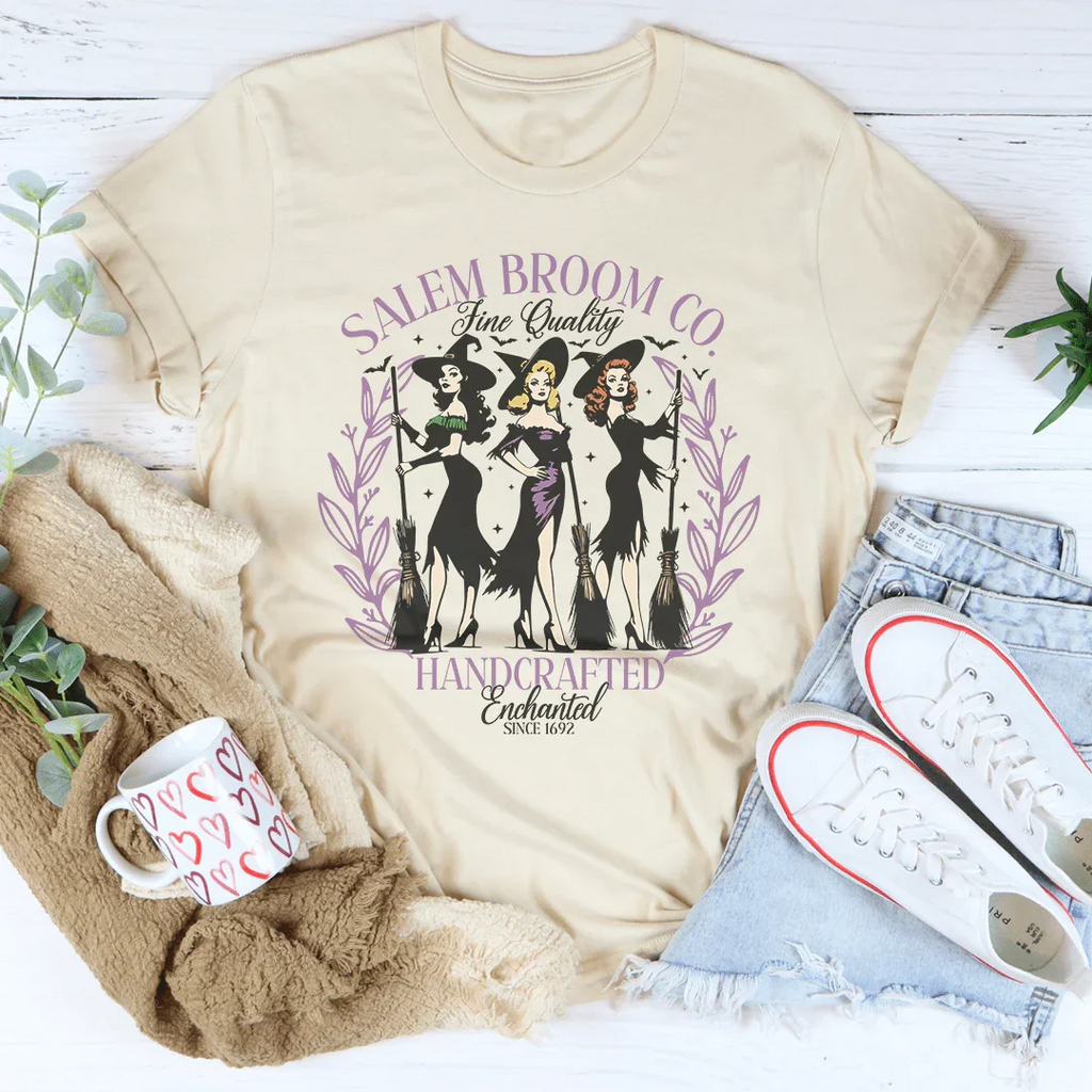 Salem Broom Co Fine Quality Handcrafted Enchanted Since 1692 Tee Peachy Sunday