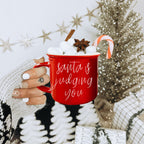Santa Is Judging Mug 14.5oz Ceramic Campfire Style Holiday Coffee Mug Red Or Green Double Sided BandsCo Straps