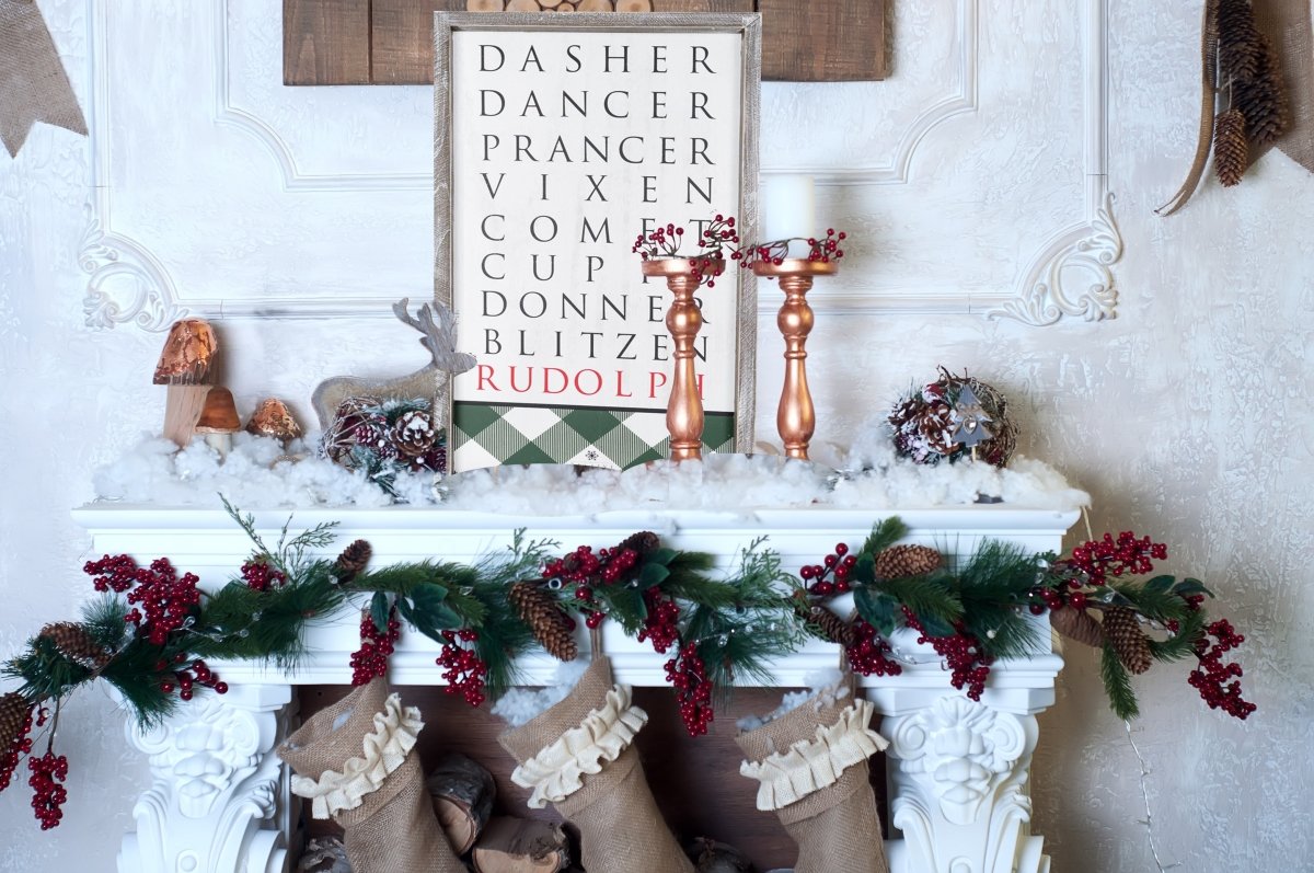 Santa Reindeer Sign Farmhouse Christmas Wall Decor 12x24x1.5 Plaid Reindeer Names Rudolph BandsCo Straps