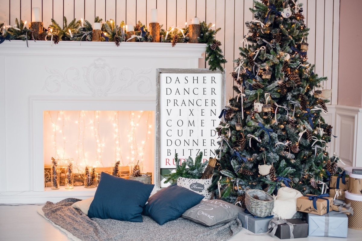 Santa Reindeer Sign Farmhouse Christmas Wall Decor 12x24x1.5 Plaid Reindeer Names Rudolph BandsCo Straps