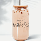 Funny Mom 17oz Glass Tumbler With Bamboo Lid, 2 Stainless Straws and Cleaner BandsCo Straps