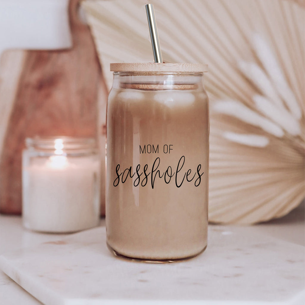 Funny Mom 17oz Glass Tumbler With Bamboo Lid, 2 Stainless Straws and Cleaner BandsCo Straps