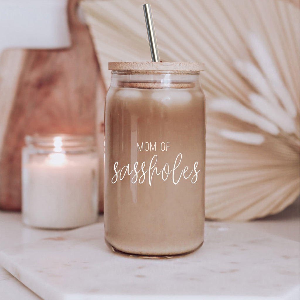 Funny Mom 17oz Glass Tumbler With Bamboo Lid, 2 Stainless Straws and Cleaner BandsCo Straps