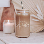 Funny Mom 17oz Glass Tumbler With Bamboo Lid, 2 Stainless Straws and Cleaner BandsCo Straps