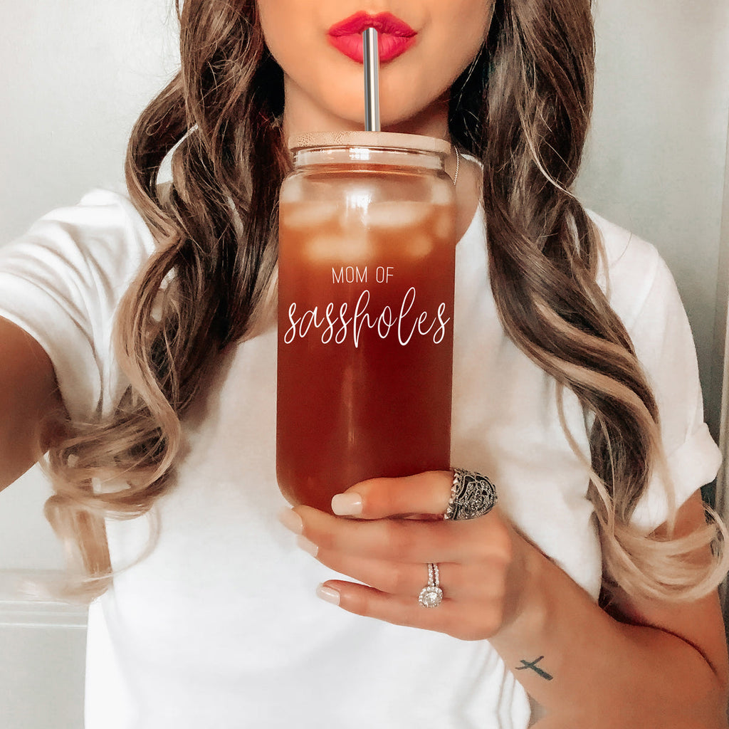 Funny Mom 17oz Glass Tumbler With Bamboo Lid, 2 Stainless Straws and Cleaner BandsCo Straps