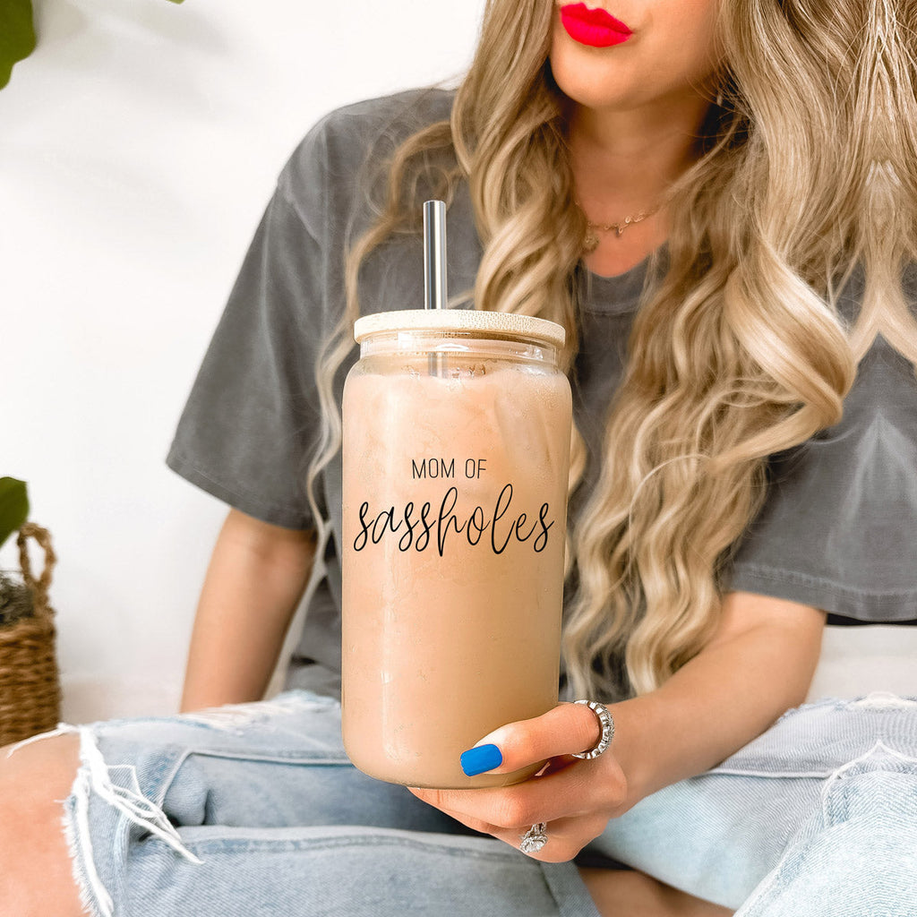 Funny Mom 17oz Glass Tumbler With Bamboo Lid, 2 Stainless Straws and Cleaner BandsCo Straps