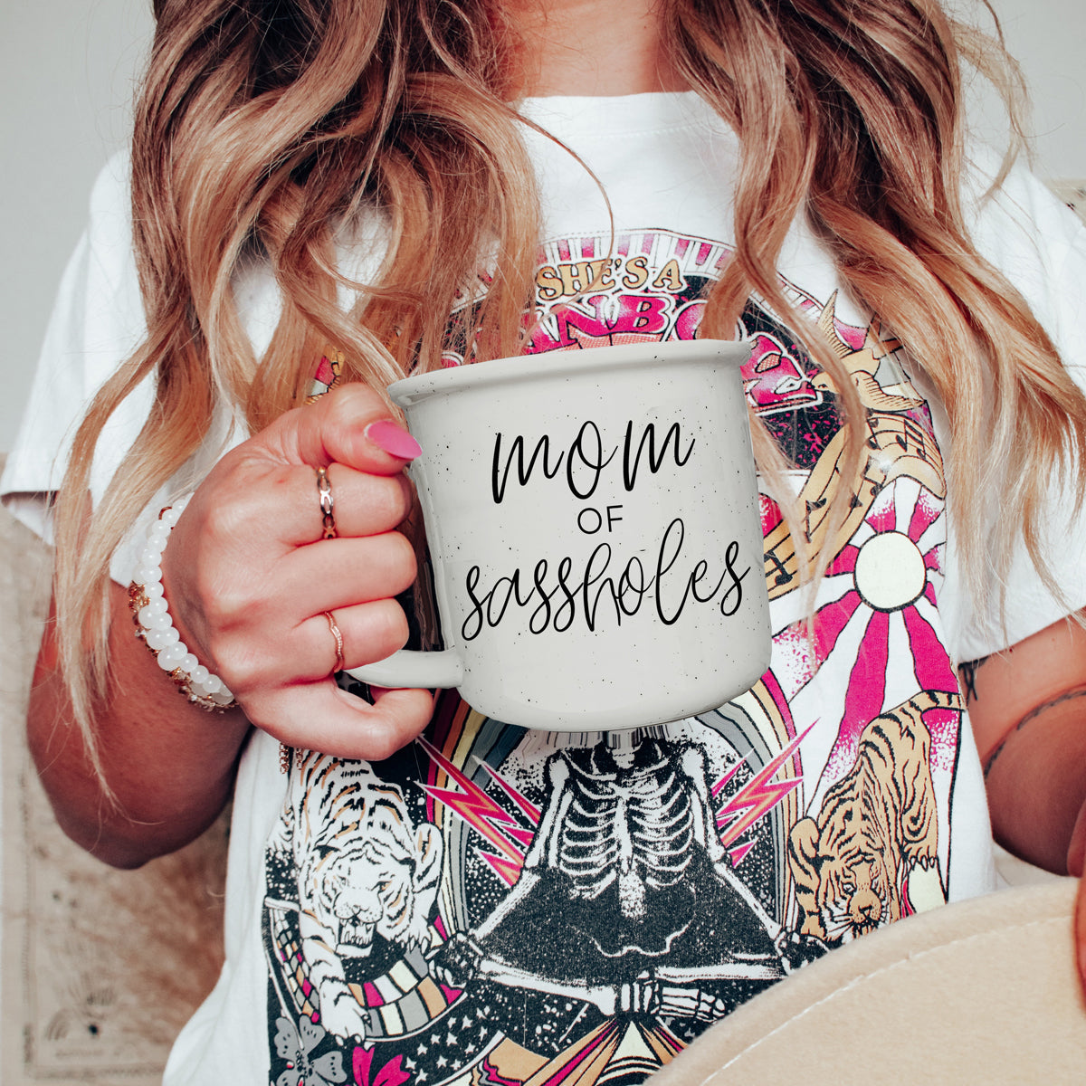 Mom Of Sassholes 14.5oz Ceramic Campfire Mug White Sesame Glaze Speckled Design Double Sided BandsCo Straps