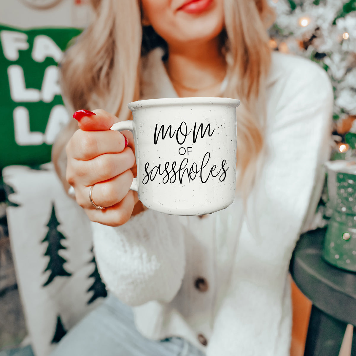 Mom Of Sassholes 14.5oz Ceramic Campfire Mug White Sesame Glaze Speckled Design Double Sided BandsCo Straps