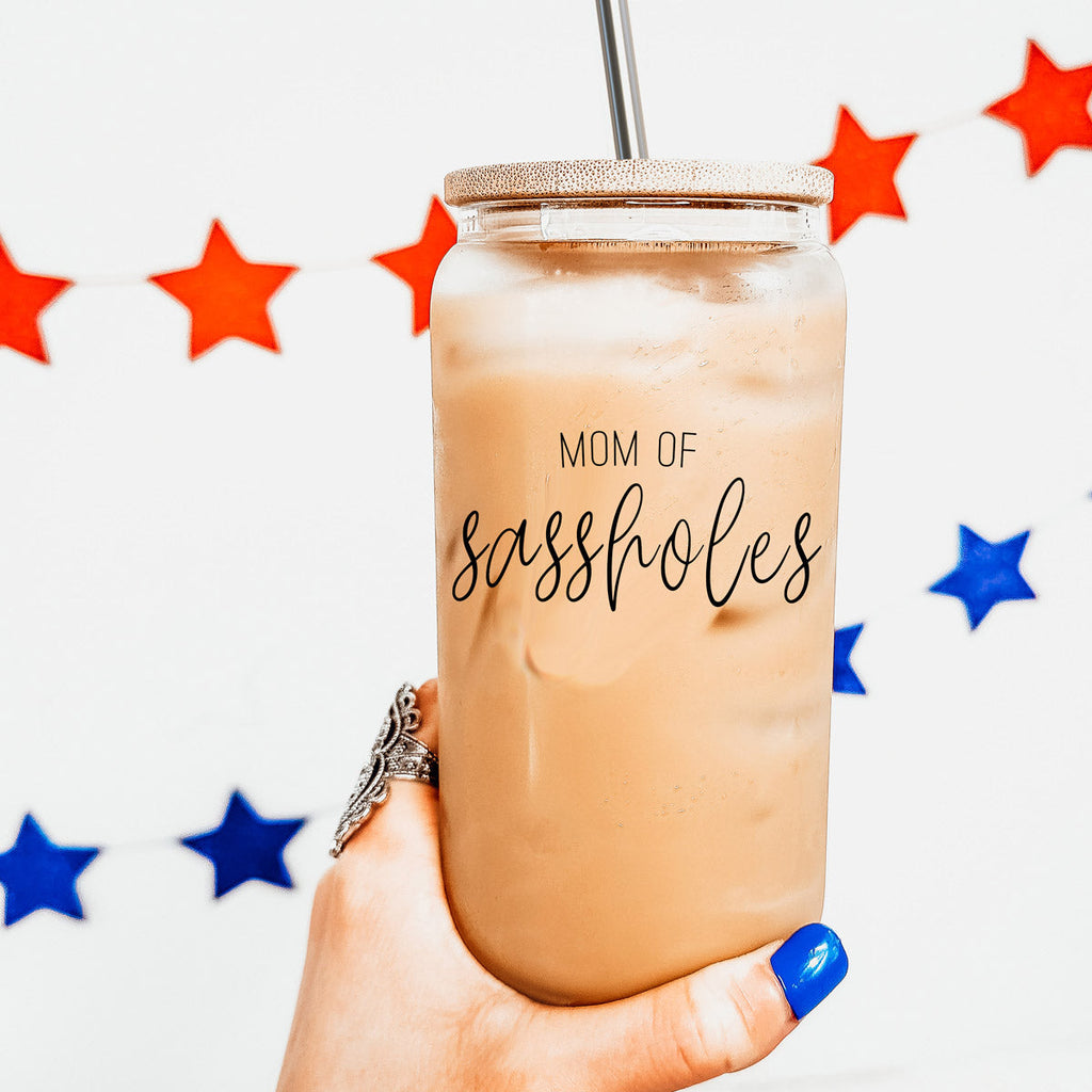 Funny Mom 17oz Glass Tumbler With Bamboo Lid, 2 Stainless Straws and Cleaner BandsCo Straps