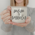 Mom Of Sassholes 14.5oz Ceramic Campfire Mug White Sesame Glaze Speckled Design Double Sided BandsCo Straps