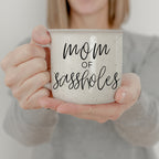 Mom Of Sassholes 14.5oz Ceramic Campfire Mug White Sesame Glaze Speckled Design Double Sided BandsCo Straps