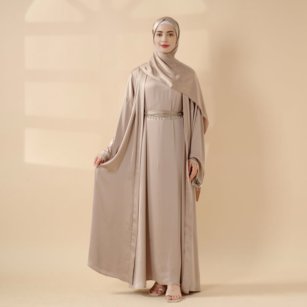 Satin Abaya With Matching Belt Made Of Diamond Tassel (MOA010) Mariam's Collection