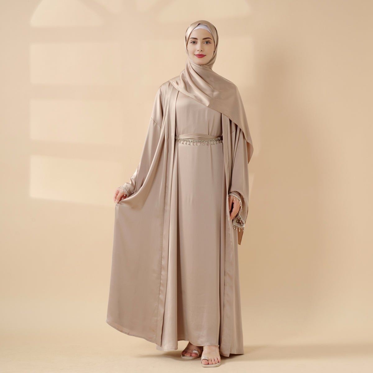 Satin Abaya With Matching Belt Made Of Diamond Tassel (MOA010) Mariam's Collection