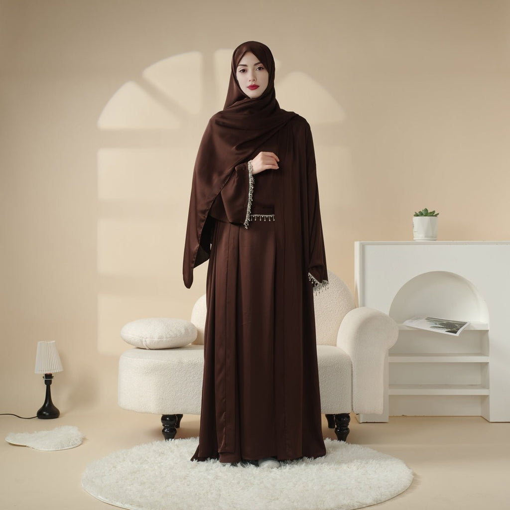 Satin Abaya With Matching Belt Made Of Diamond Tassel (MOA010) Mariam's Collection