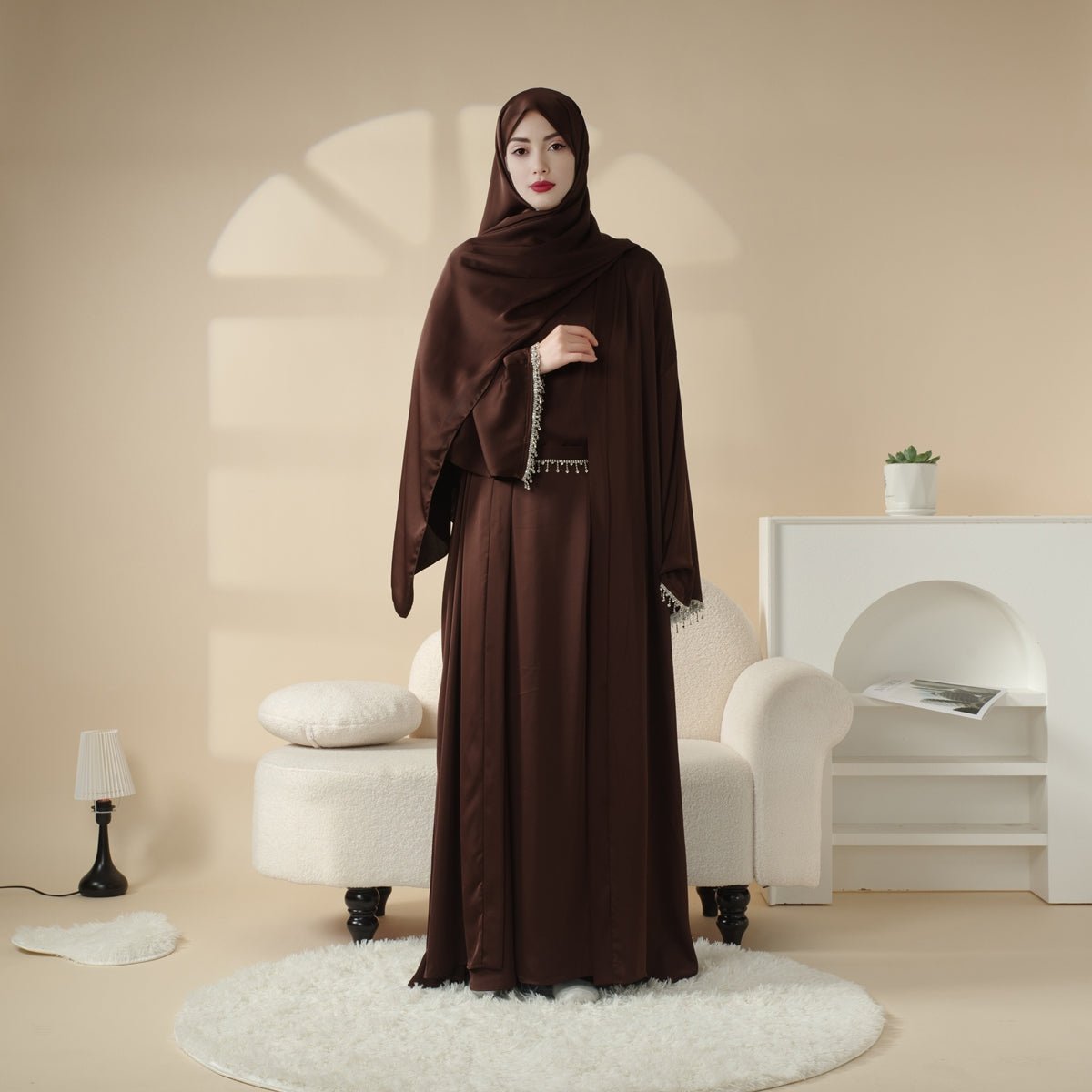 Satin Abaya With Matching Belt Made Of Diamond Tassel (MOA010) Mariam's Collection