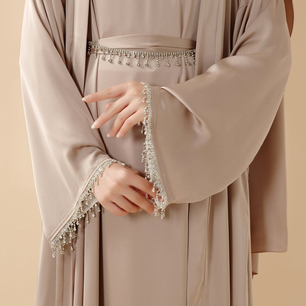 Satin Abaya With Matching Belt Made Of Diamond Tassel (MOA010) Mariam's Collection