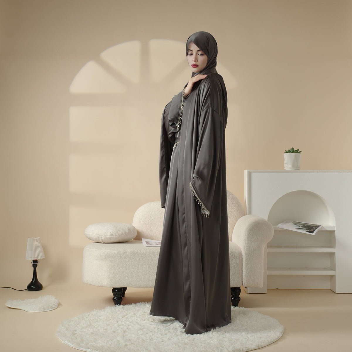Satin Abaya With Matching Belt Made Of Diamond Tassel (MOA010) Mariam's Collection