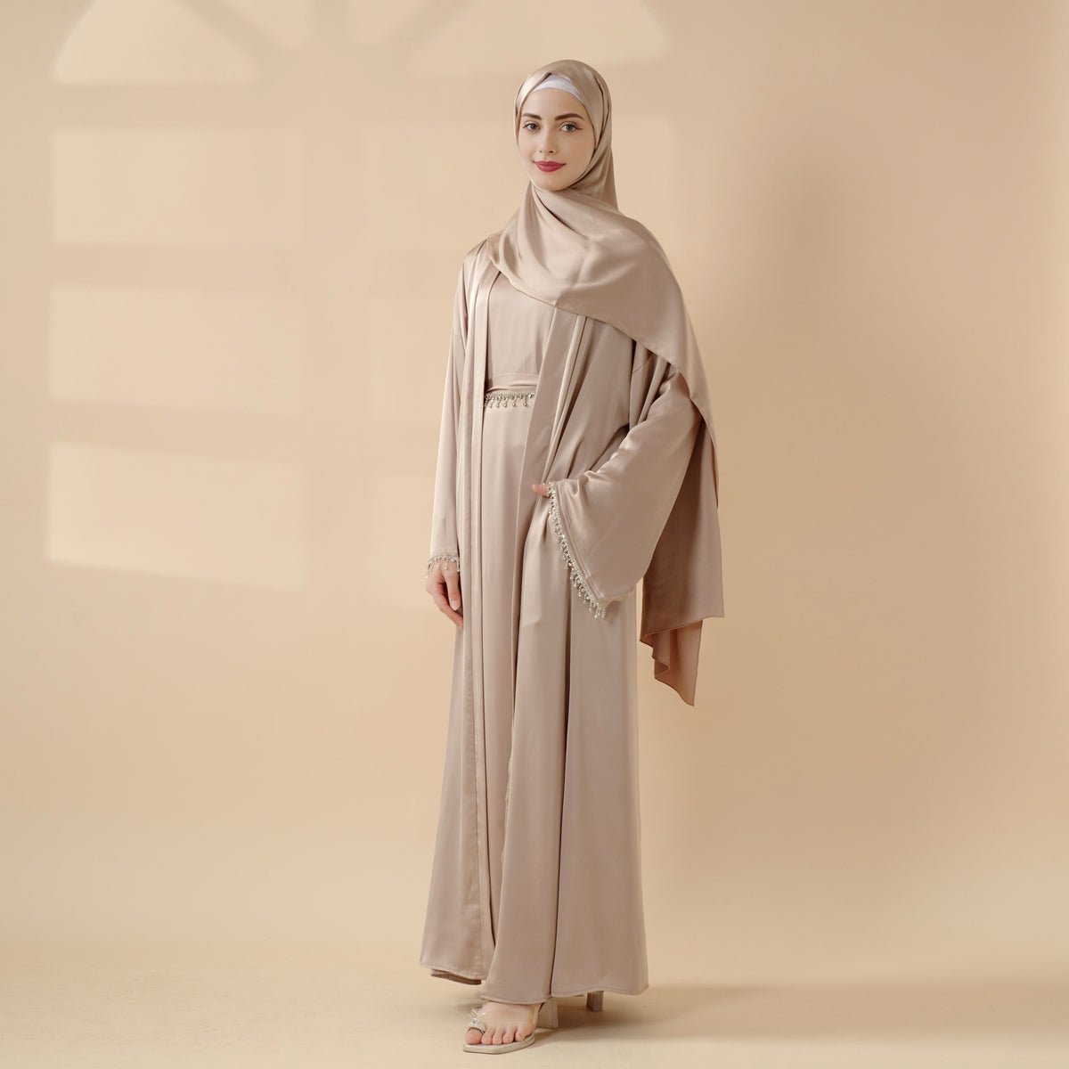 Satin Abaya With Matching Belt Made Of Diamond Tassel (MOA010) Mariam's Collection