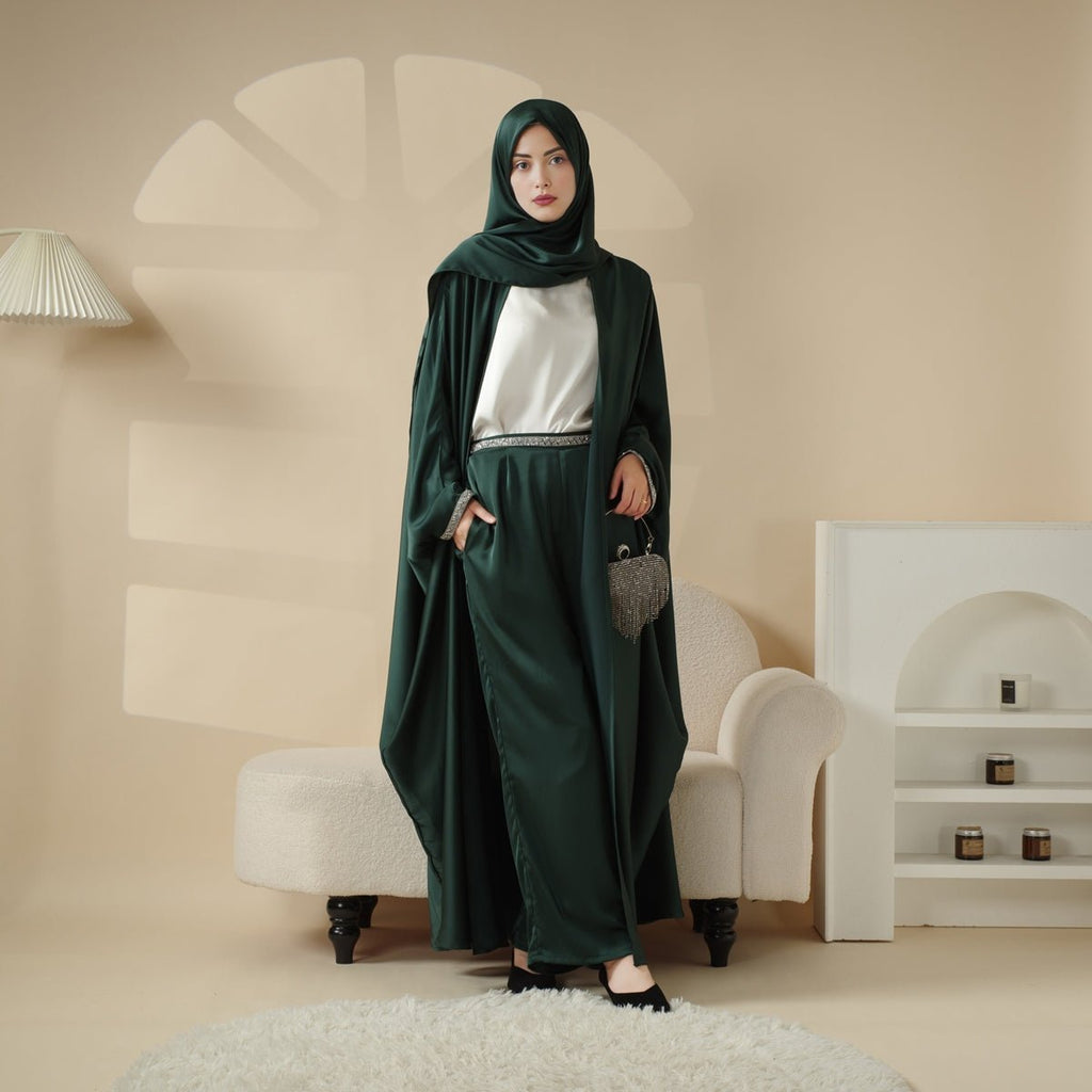 Abaya With Satin Shirt And Rhinestone Trousers | 4-Piece Set Abaya (MOA060) - SJB-DIAMOND ELITES