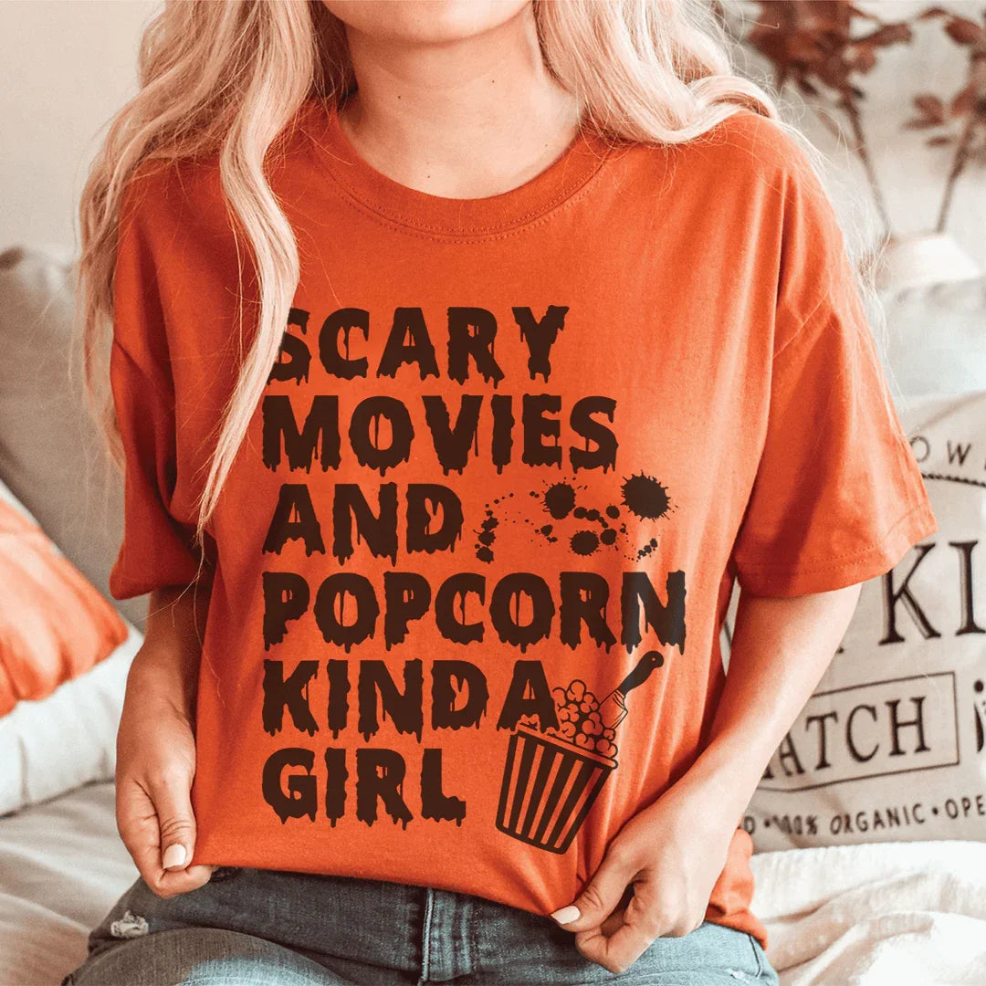 Scary Movies & Popcorn Kinda Girl Tee Peachy Sunday