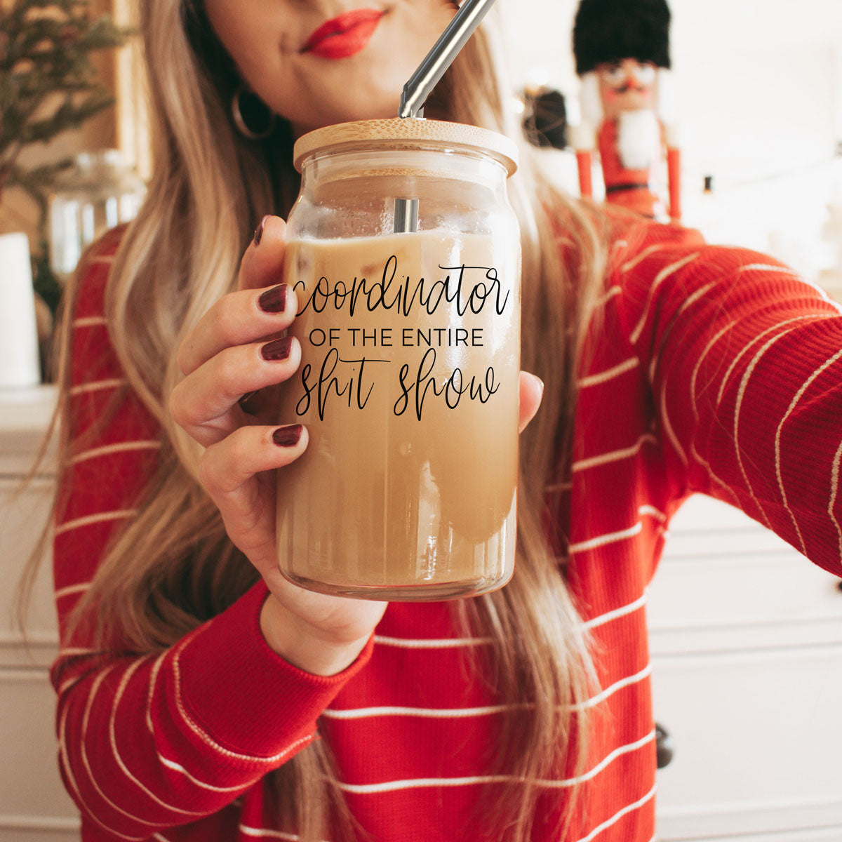 Shit Show Coordinator 17oz Glass Tumbler With Bamboo Lid, 2 Stainless Straws BandsCo Straps