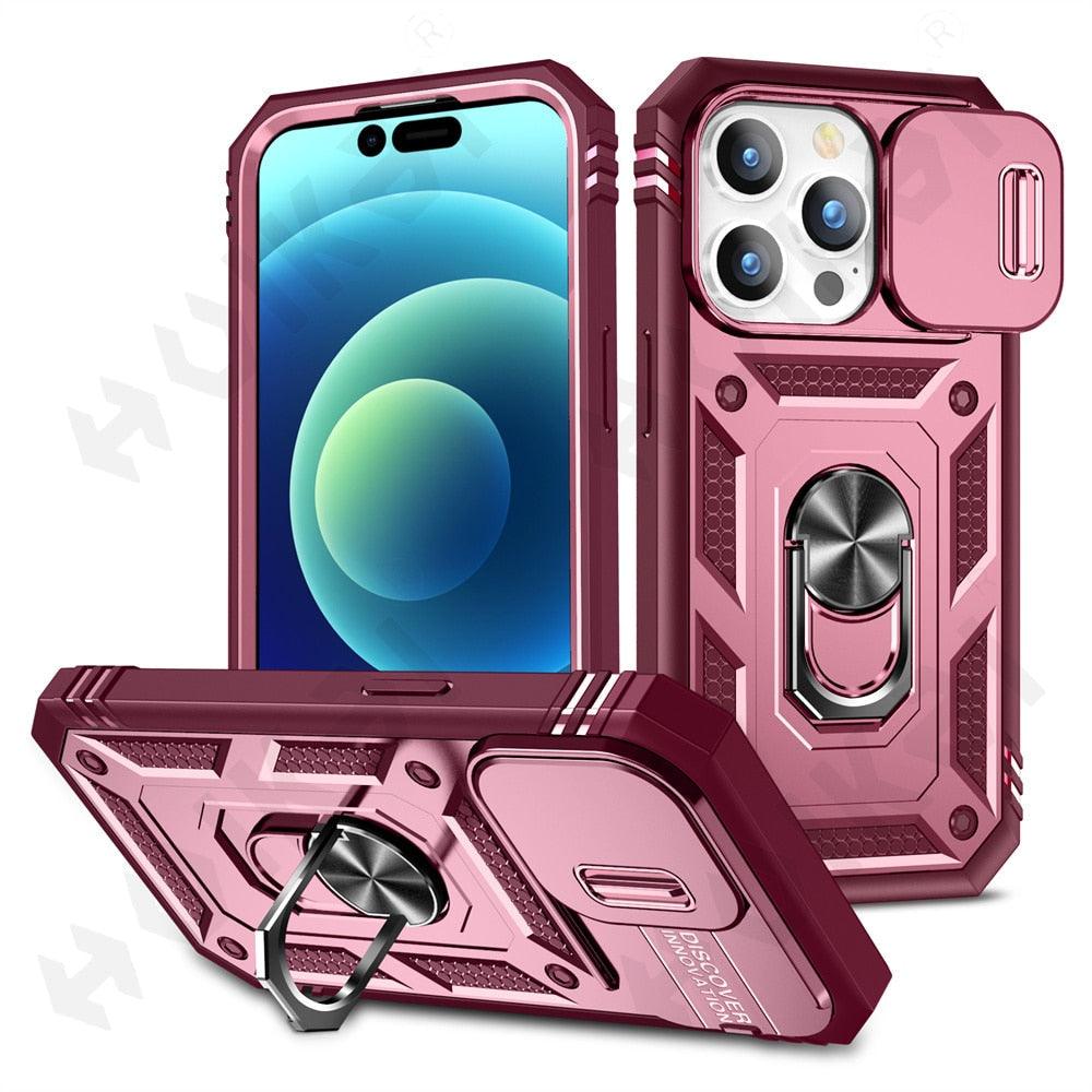 Screen Protector And Kickstand Heavy Duty Protection Shockproof Case for iPhone Slide Camera Case For iPhone 14 Pro Max 14 Plus 13 Pro 12 Build in 360 Degree Rotate Kickstand iPhone Cases Stevvex