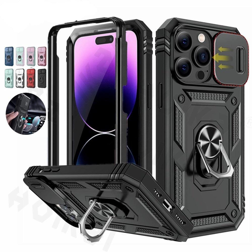 Screen Protector And Kickstand Heavy Duty Protection Shockproof Case for iPhone Slide Camera Case For iPhone 14 Pro Max 14 Plus 13 Pro 12 Build in 360 Degree Rotate Kickstand iPhone Cases Stevvex