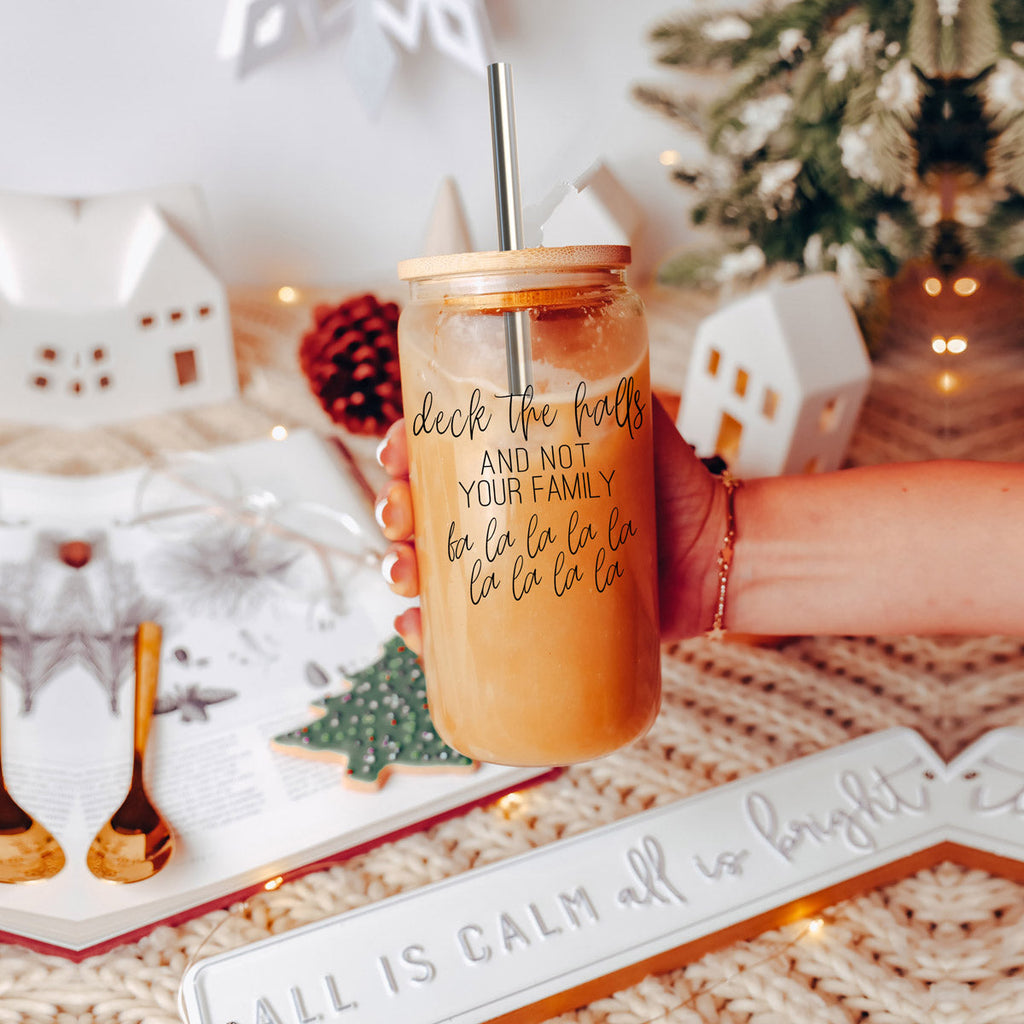 Deck The Halls 17oz Glass Tumbler With Bamboo Lid, Stainless Straws and Cleaner BandsCo Straps