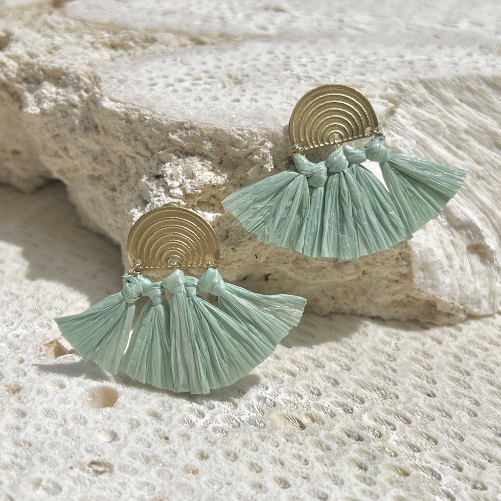 Sea Green Raffia Fan Earrings Lightweight Boho Brass Dangle Summer Jewelry BandsCo Straps
