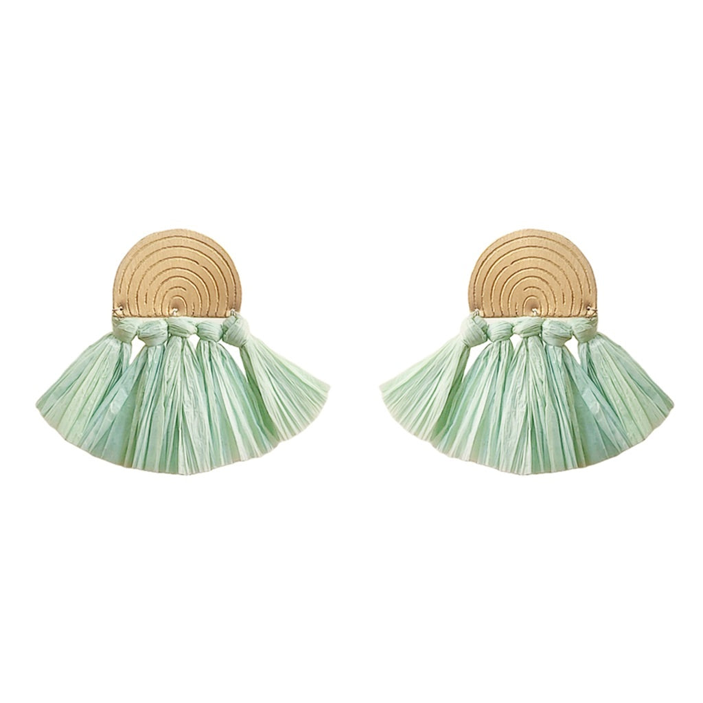 Sea Green Raffia Fan Earrings Lightweight Boho Brass Dangle Summer Jewelry BandsCo Straps