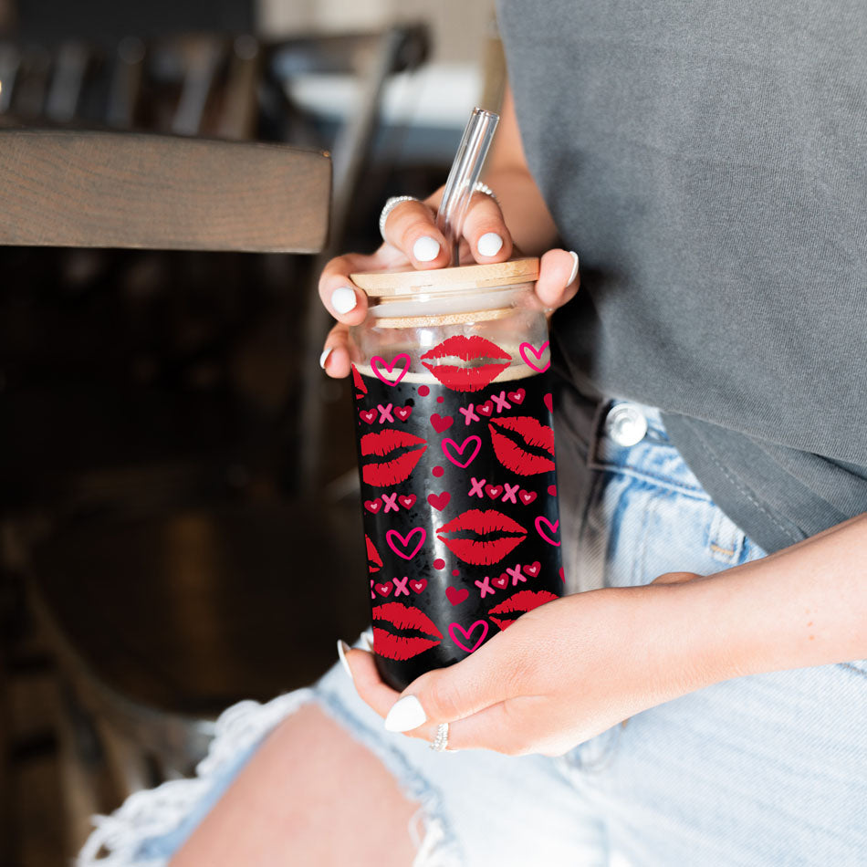 Self Love Club 20oz Glass Tumbler With Bamboo Lid Red Heart Gold Accents BandsCo Straps