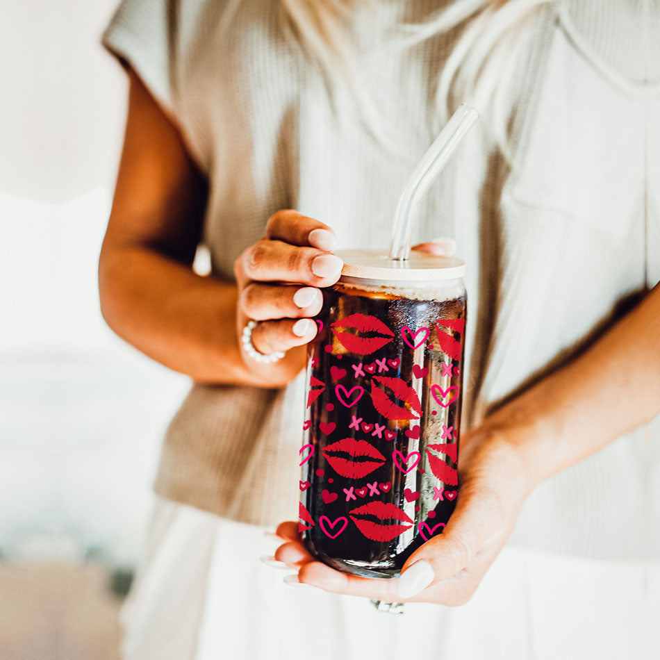 Self Love Club 20oz Glass Tumbler With Bamboo Lid Red Heart Gold Accents BandsCo Straps