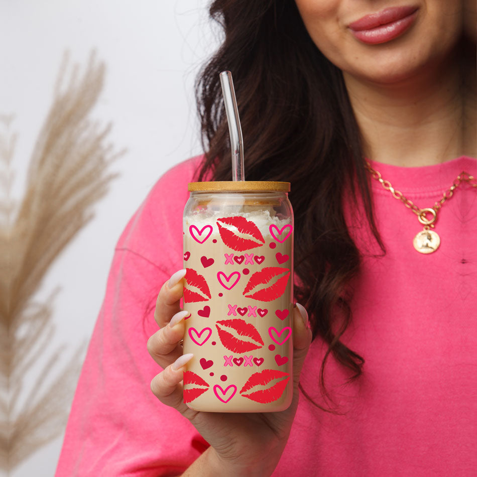 Self Love Club 20oz Glass Tumbler With Bamboo Lid Red Heart Gold Accents BandsCo Straps