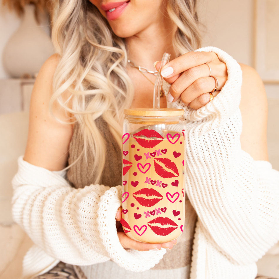 Self Love Club 20oz Glass Tumbler With Bamboo Lid Red Heart Gold Accents BandsCo Straps