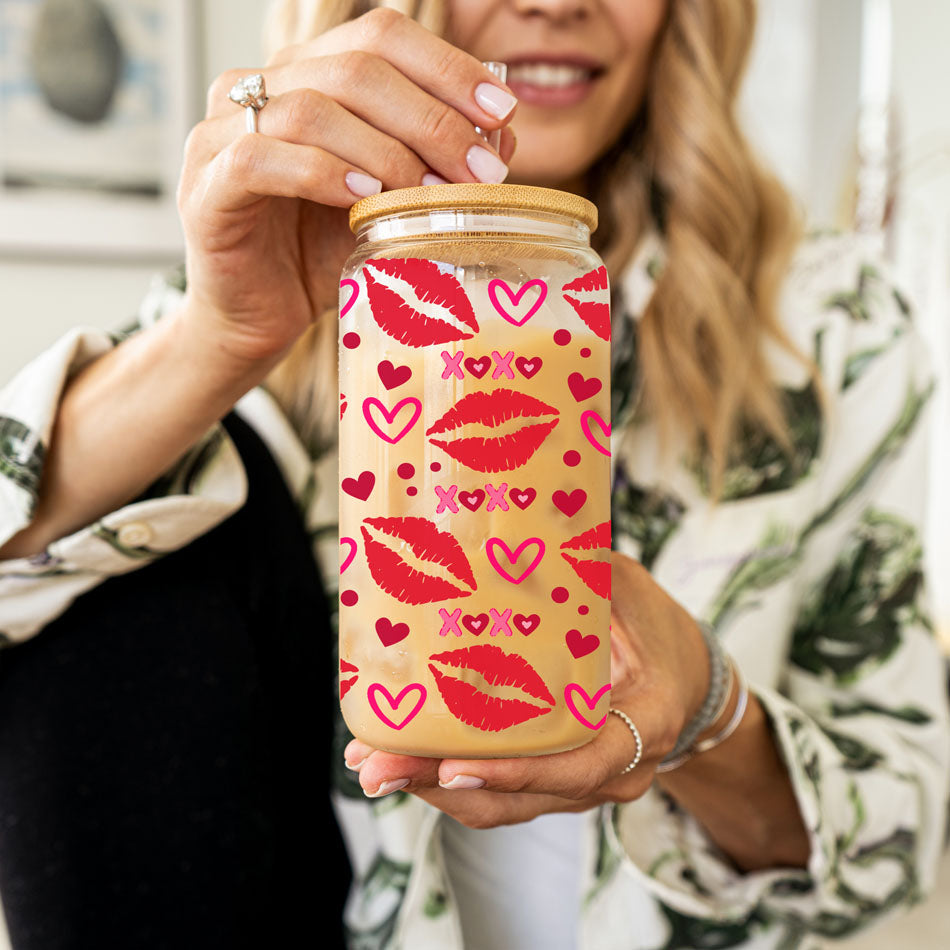 Self Love Club 20oz Glass Tumbler With Bamboo Lid Red Heart Gold Accents BandsCo Straps