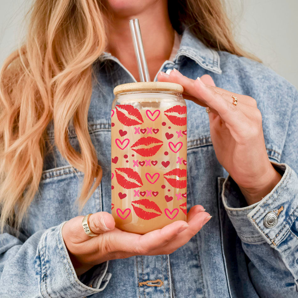 Self Love Club 20oz Glass Tumbler With Bamboo Lid Red Heart Gold Accents BandsCo Straps