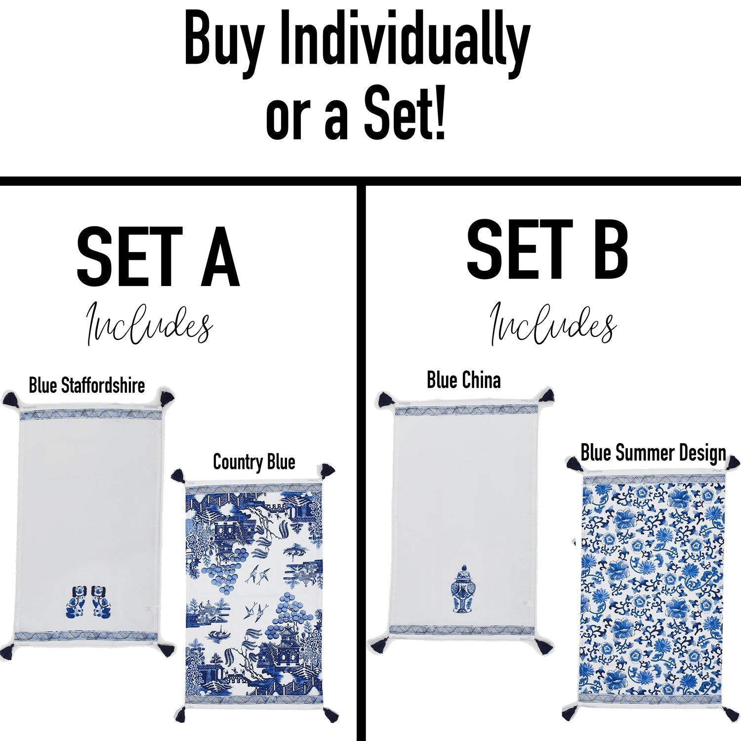 Chinoiserie Tea Towels 100% Cotton Oversized Embroidered Dish Towels Tassels BandsCo Straps