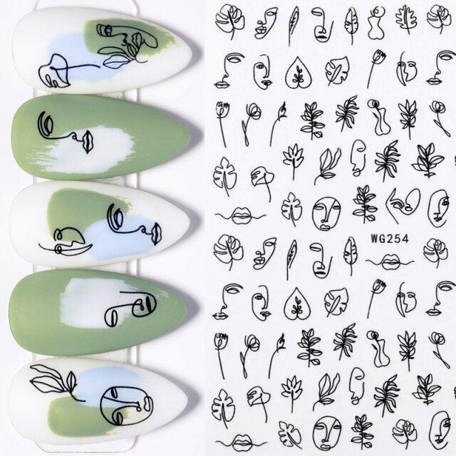Sexy Lady Pattern 3D Nail Stickers Character Image Decals Slider Valentine Black White Nail Art Decoration Strip Line Nail Decal Self-Adhesive 3D Wave Design Decoration for Women Girls Art Stickers Decal Decoration Metallic Curve Strip Line Nail Stevvex
