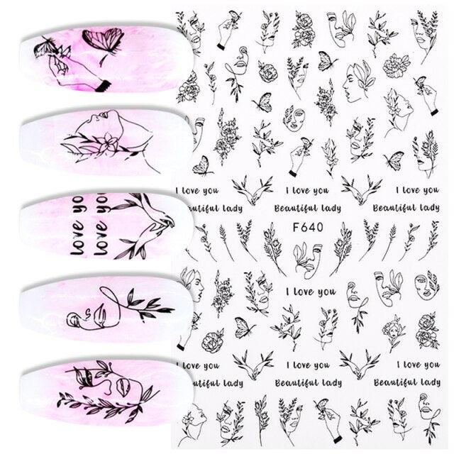 Sexy Lady Pattern 3D Nail Stickers Character Image Decals Slider Valentine Black White Nail Art Decoration Strip Line Nail Decal Self-Adhesive 3D Wave Design Decoration for Women Girls Art Stickers Decal Decoration Metallic Curve Strip Line Nail Stevvex