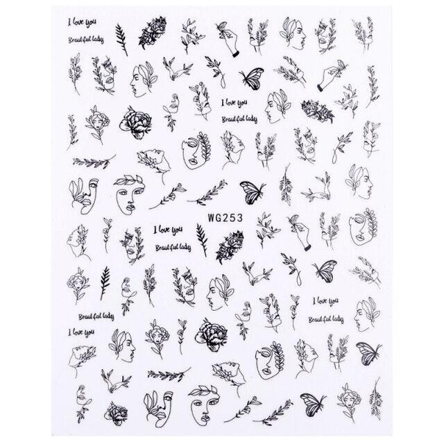 Sexy Lady Pattern 3D Nail Stickers Character Image Decals Slider Valentine Black White Nail Art Decoration Strip Line Nail Decal Self-Adhesive 3D Wave Design Decoration for Women Girls Art Stickers Decal Decoration Metallic Curve Strip Line Nail Stevvex