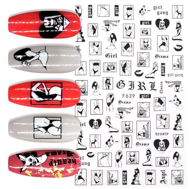 Sexy Lady Pattern 3D Nail Stickers Character Image Decals Slider Valentine Black White Nail Art Decoration Strip Line Nail Decal Self-Adhesive 3D Wave Design Decoration for Women Girls Art Stickers Decal Decoration Metallic Curve Strip Line Nail Stevvex