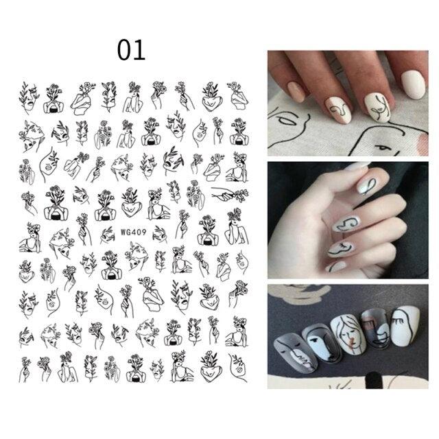 Sexy Lady Pattern 3D Nail Stickers Character Image Decals Slider Valentine Black White Nail Art Decoration Strip Line Nail Decal Self-Adhesive 3D Wave Design Decoration for Women Girls Art Stickers Decal Decoration Metallic Curve Strip Line Nail Stevvex
