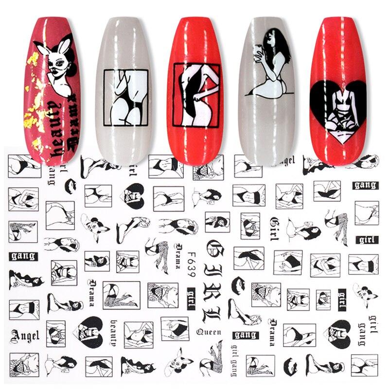 Sexy Lady Pattern 3D Nail Stickers Character Image Decals Slider Valentine Black White Nail Art Decoration Strip Line Nail Decal Self-Adhesive 3D Wave Design Decoration for Women Girls Art Stickers Decal Decoration Metallic Curve Strip Line Nail Stevvex