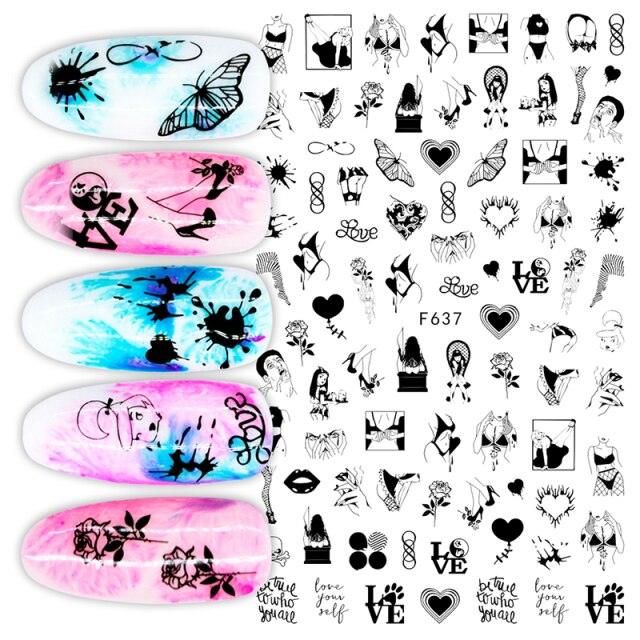 Sexy Lady Pattern 3D Nail Stickers Character Image Decals Slider Valentine Black White Nail Art Decoration Strip Line Nail Decal Self-Adhesive 3D Wave Design Decoration for Women Girls Art Stickers Decal Decoration Metallic Curve Strip Line Nail Stevvex
