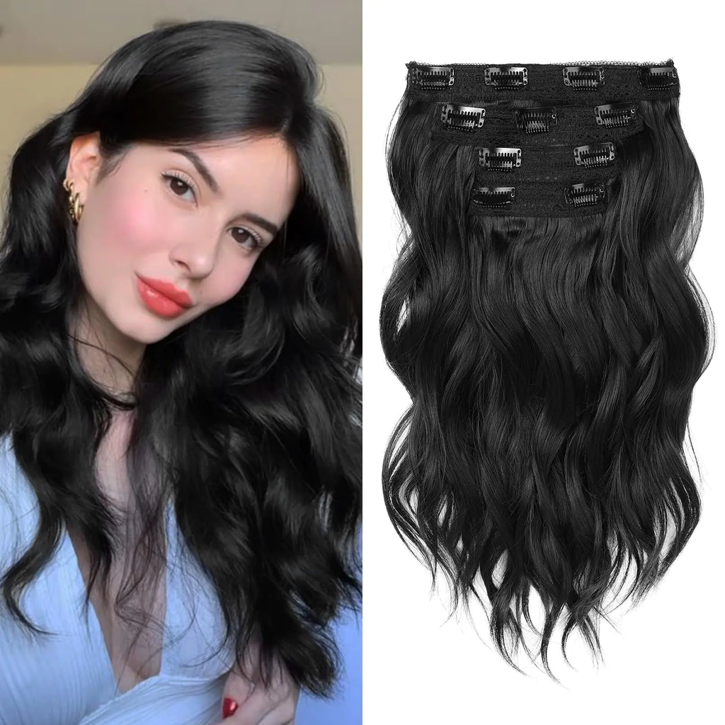 REECHO Hair Extensions 4PCS Clip in Hair Extensions 14" Short Beach Wavy Hair Extensions Invisible Lace Weft Natural Soft Hairpieces for Women – Black Pi-Mart
