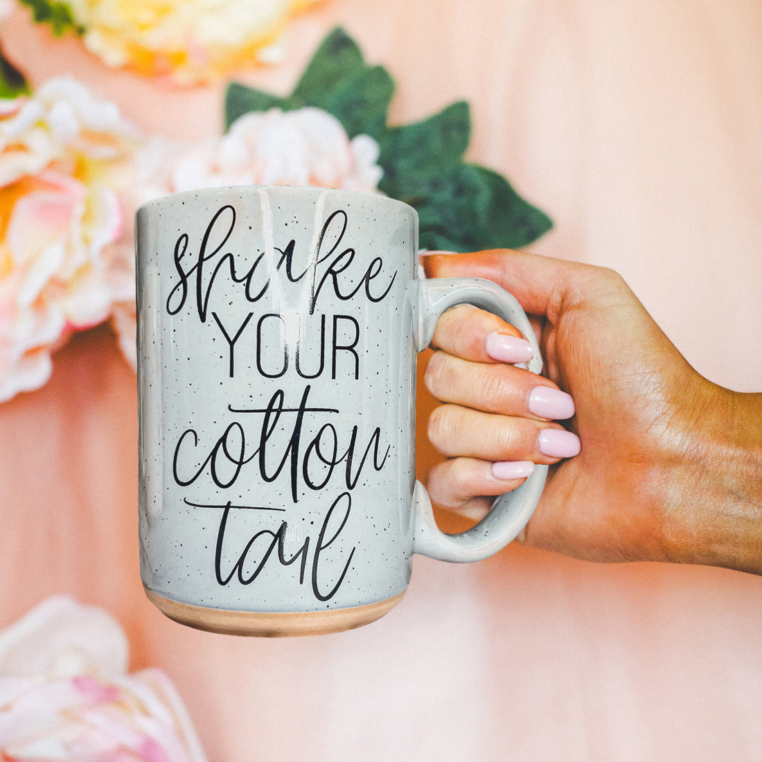 Shake Your Cotton Tail 16oz Ceramic Easter Coffee Mug Pastel Pink Blue BandsCo Straps
