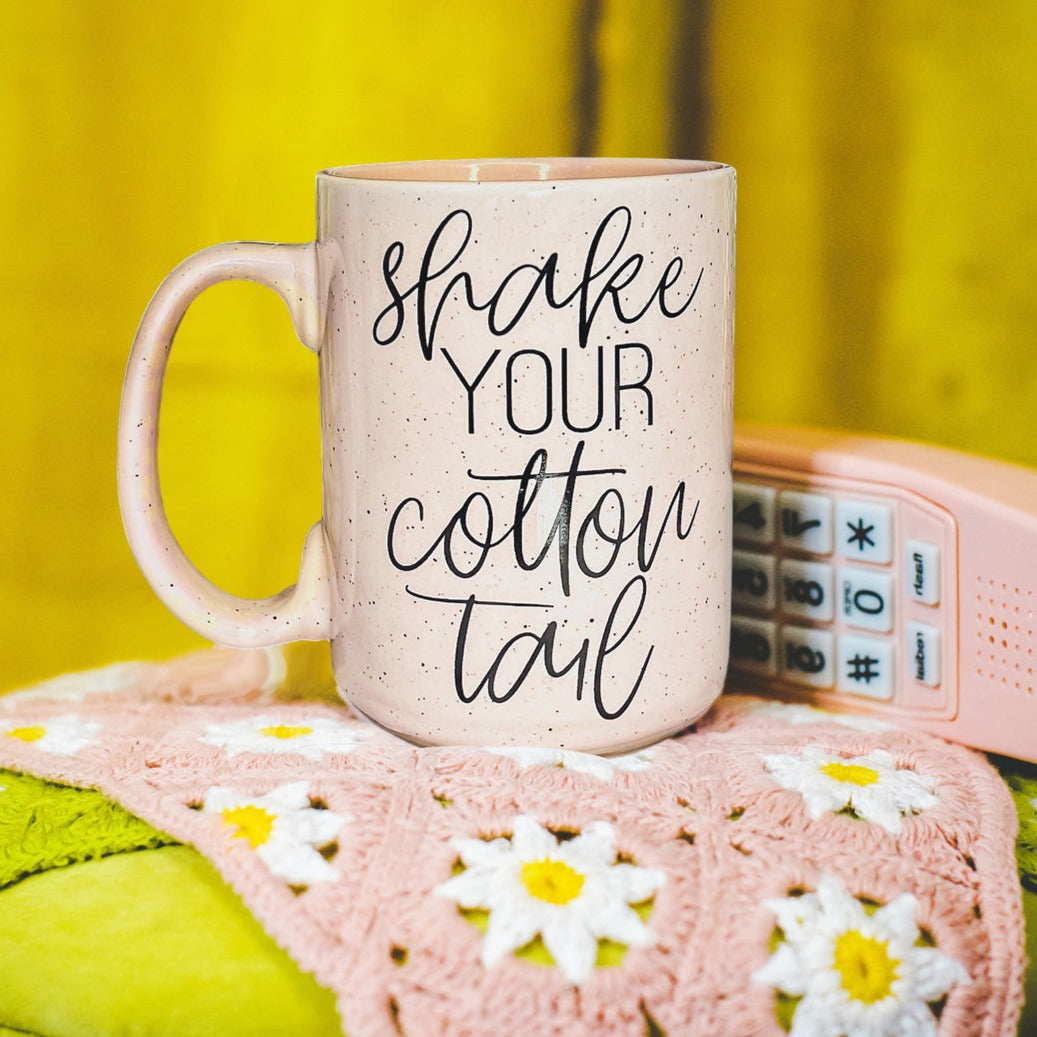Shake Your Cotton Tail 16oz Ceramic Easter Coffee Mug Pastel Pink Blue BandsCo Straps